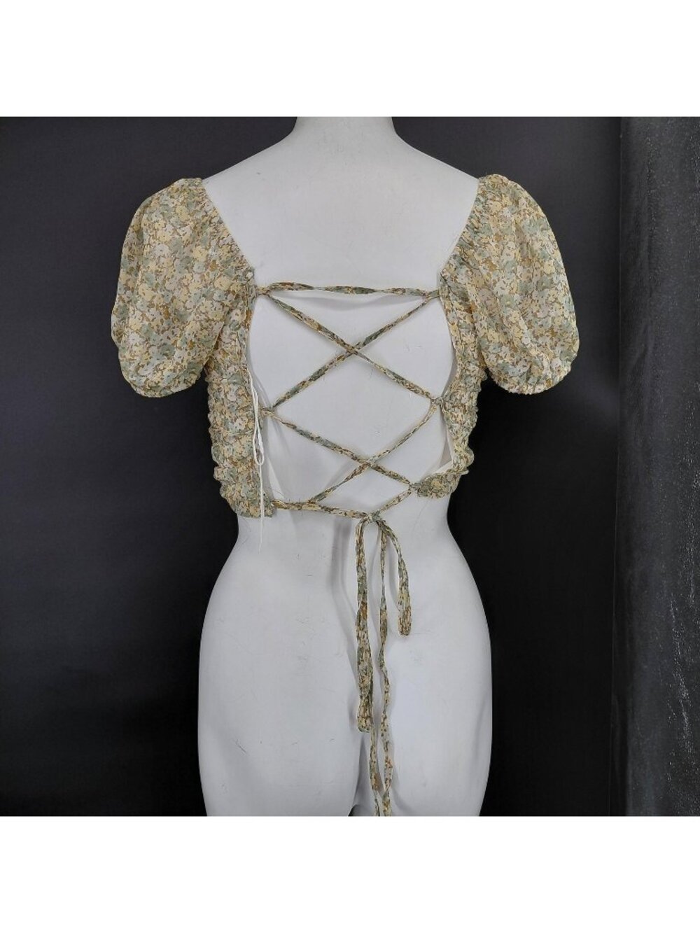 Crop Shirt Medium Floral Puff Sleeve Boho Festival Cottage Open Back Lace Up NEW